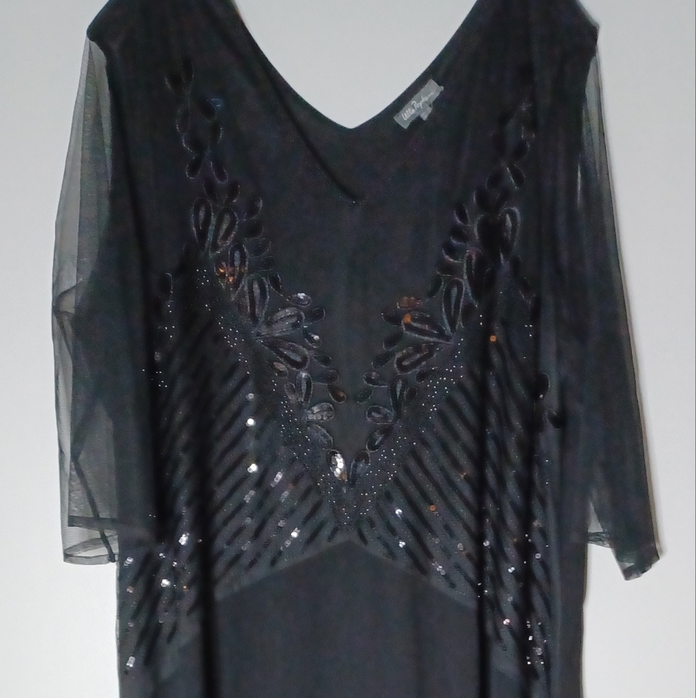 Ulla Popken Black Sequin Mesh Sleeve Midi Dress - Picture 2 of 5